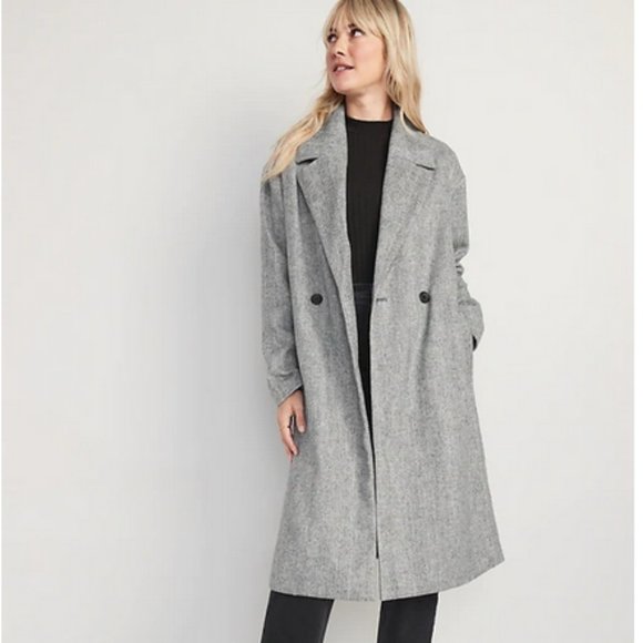Old Navy long slouchy double-breasted coat Jacket small tall grey Houndstooth - Picture 9 of 14
